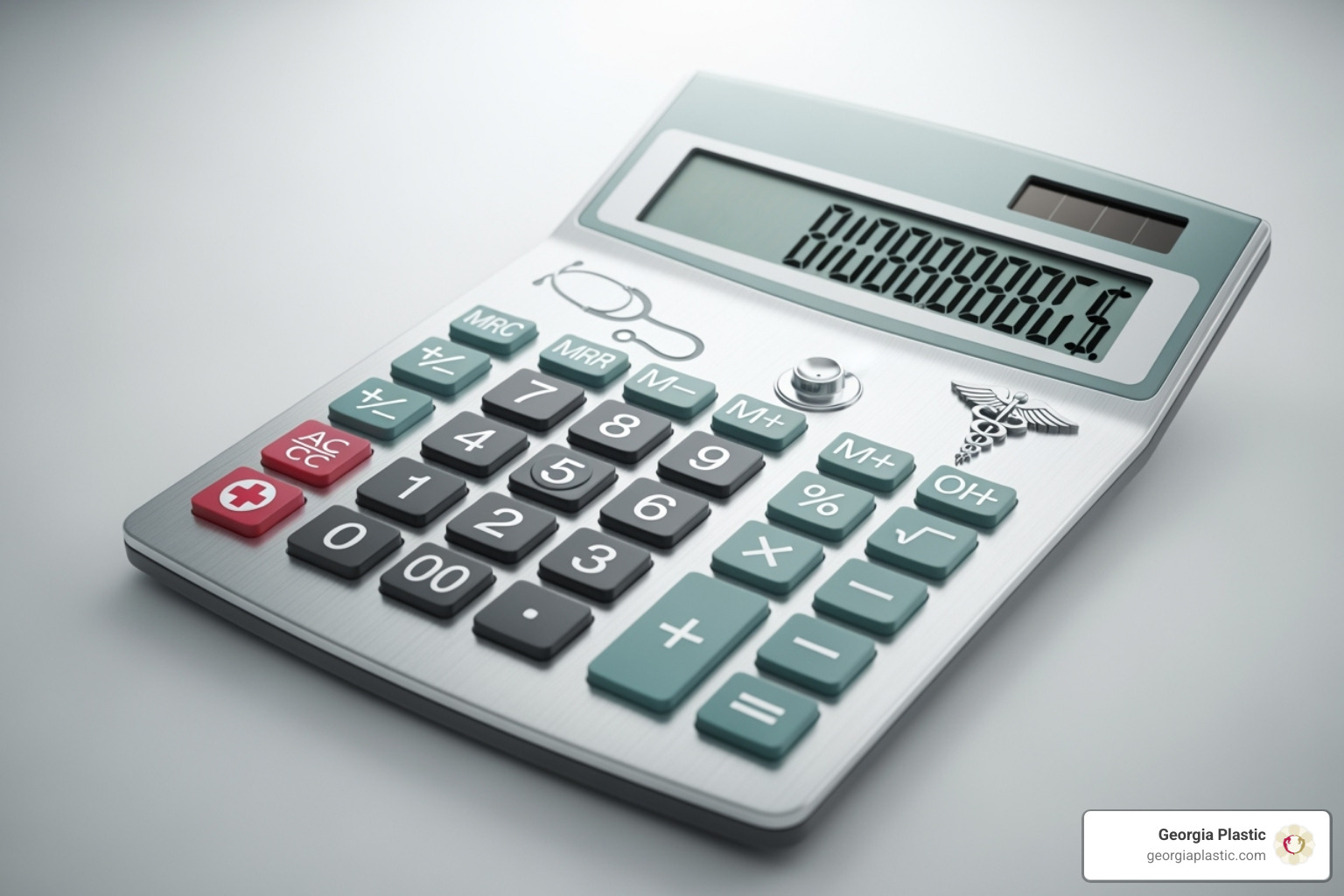 calculator and medical symbols representing cost calculation - average mommy makeover cost
