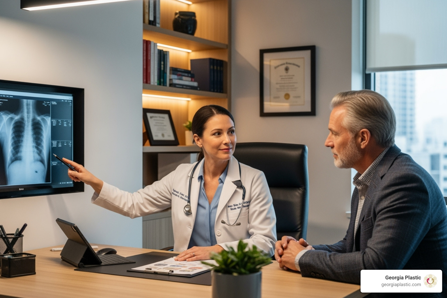 surgeon in consultation with a patient - average mommy makeover cost
