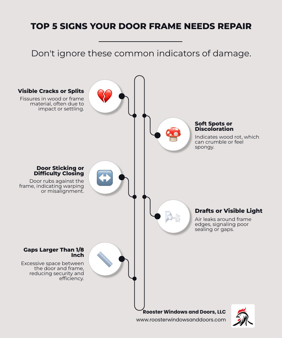 infographic showing five warning signs of door frame damage: 1) visible cracks or splits in the wood 2) soft discolored spots indicating rot 3) door sticking or difficulty closing 4) drafts or light visible around frame edges 5) gaps between door and frame larger than 1/8 inch - Door frame repair infographic infographic-line-5-steps-elegant_beige