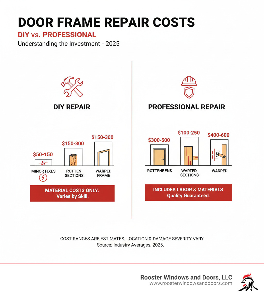 Infographic comparing DIY and professional door frame repair costs for minor, rotten, and warped damage - Door frame repair infographic 