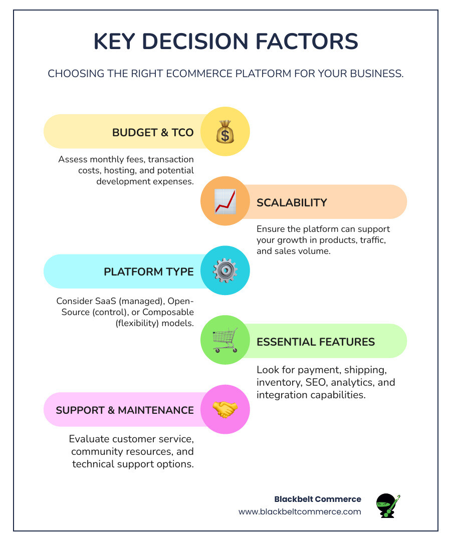 Infographic showing the key decision factors for choosing an ecommerce platform: Budget (monthly fees and transaction costs), Scalability (ability to handle growth in products and traffic), Platform Type (SaaS for managed ease, Open-Source for customization control, Composable for enterprise flexibility), Essential Features (payment processing, shipping integration, inventory management, SEO tools, analytics), and Support Level (24/7 managed support vs community forums vs requiring dedicated developers) - ecommerce web solution infographic infographic-line-5-steps-colors