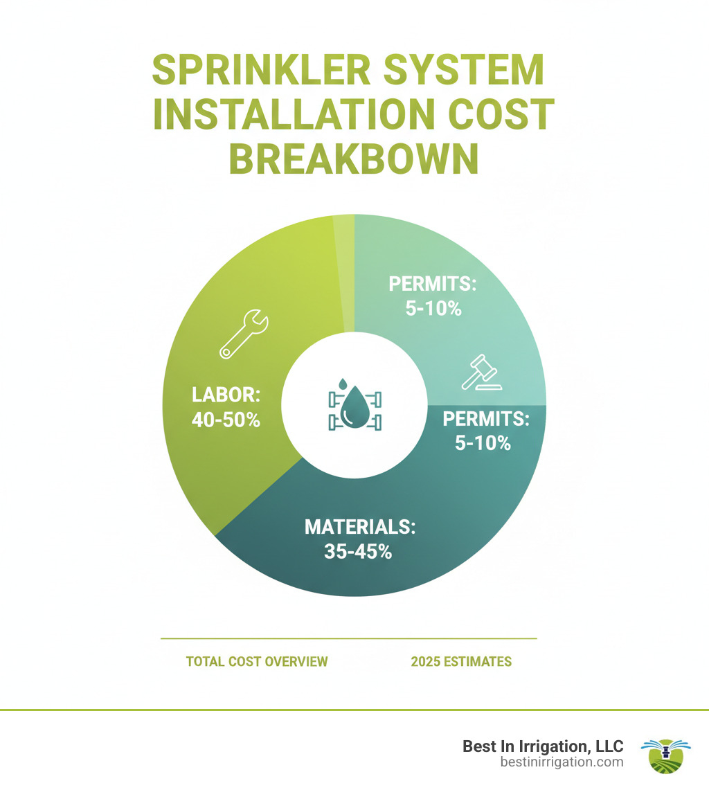 infographic showing sprinkler system installation cost breakdown with labor at 40-50%, materials at 35-45%, and permits at 5-10% of total cost - average price to install sprinkler system infographic 