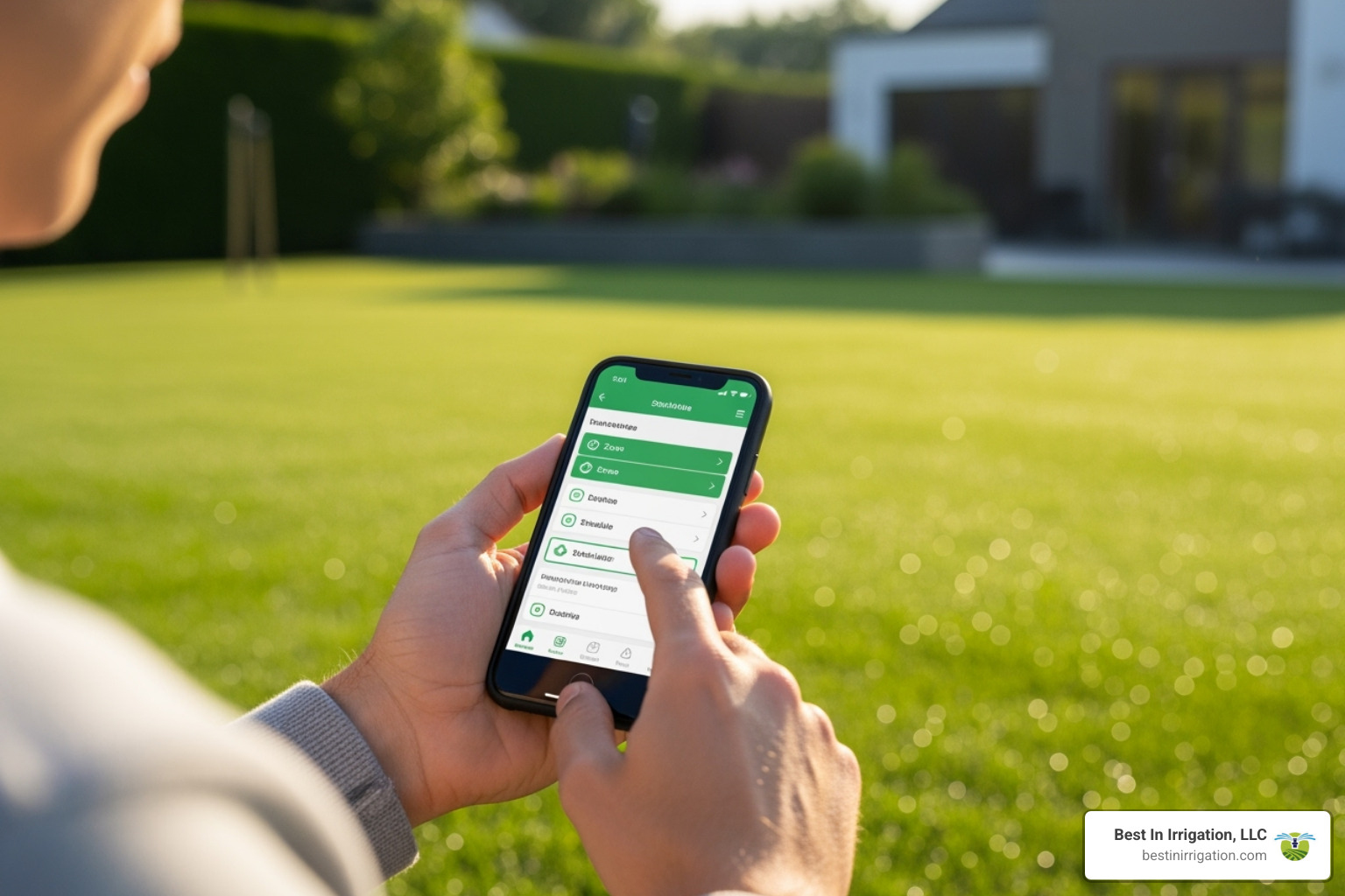 person adjusting a smart sprinkler controller on a smartphone, with a lush green lawn in the background - average price to install sprinkler system