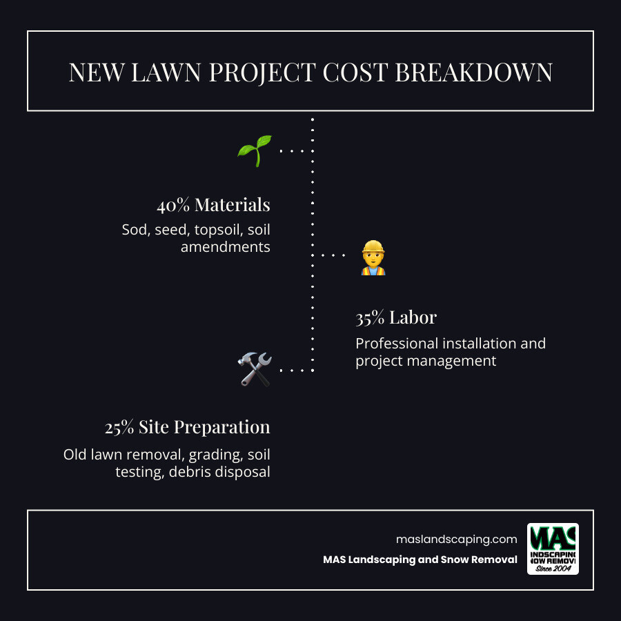 Infographic showing the average cost breakdown of a new lawn project: 40% materials including sod or seed, 35% labor and installation, 25% site preparation including soil testing, grading, topsoil, and old lawn removal - cost of laying a new lawn infographic infographic-line-3-steps-dark