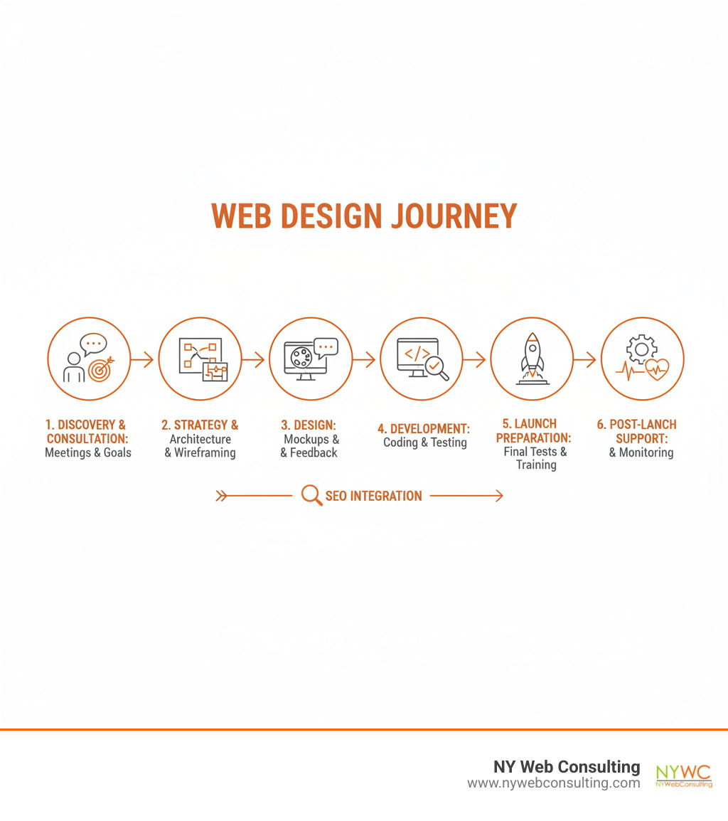 Infographic showing the complete web design process: Discovery and consultation phase with client meetings and goal setting, followed by strategy and planning including site architecture and wireframing, then design phase with mockups and client feedback cycles, development stage with coding and testing, SEO integration throughout all phases, launch preparation with final testing and training, and post-launch support including maintenance and performance monitoring - web design services infographic 