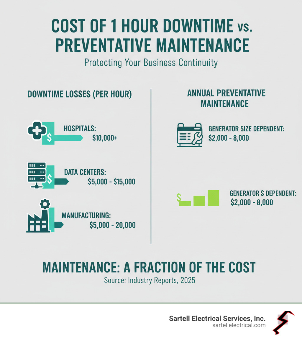 Infographic showing the cost breakdown of one hour of downtime for different industries (hospitals: $10,000+, data centers: $5,000-$15,000, manufacturing: $5,000-$20,000) compared to annual preventative maintenance costs ($2,000-$8,000 depending on generator size), demonstrating that maintenance costs represent just a fraction of potential downtime losses - Industrial generator services infographic 