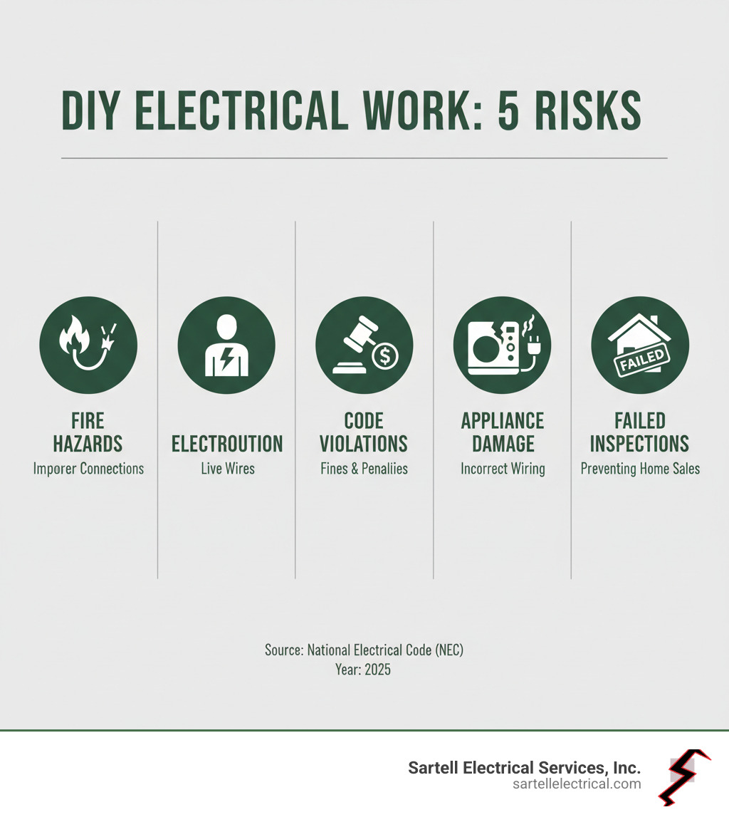 infographic showing the top 5 risks of DIY electrical work including fire hazards from improper connections, electrocution from live wires, code violations leading to fines, appliance damage from incorrect wiring, and failed inspections preventing home sales - Professional electrical services infographic infographic showing the top 5 risks of DIY electrical work including fire hazards from improper connections, electrocution from live wires, code violations leading to fines, appliance damage from incorrect wiring, and failed inspections preventing home sales - Professional electrical services infographic