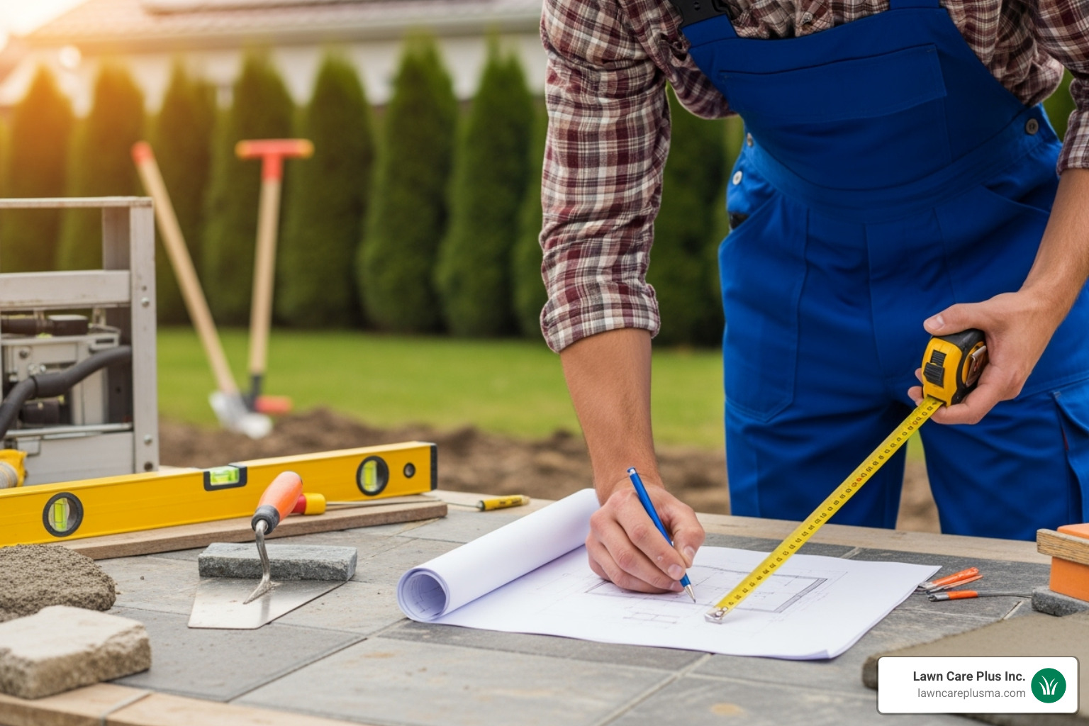A contractor taking measurements and making notes on a blueprint for a new patio installation, with tools and materials in the background. - cost to have stamped concrete patio installed