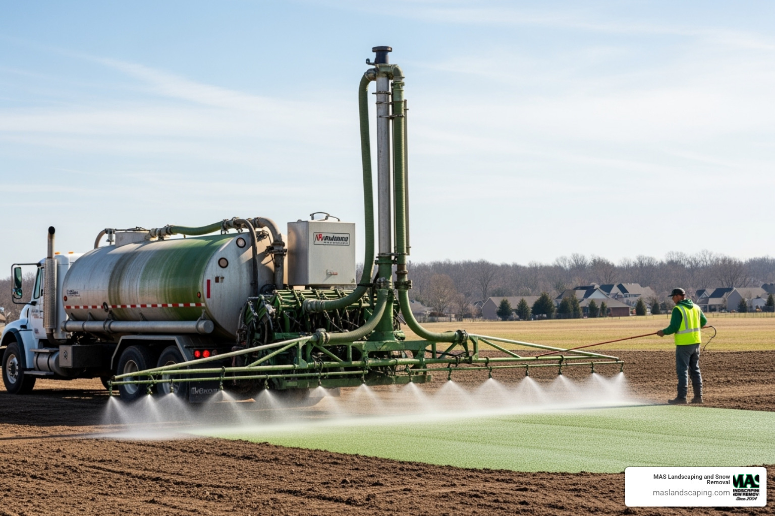 A hydroseeding truck spraying a slurry on a large yard - cost of laying a new lawn