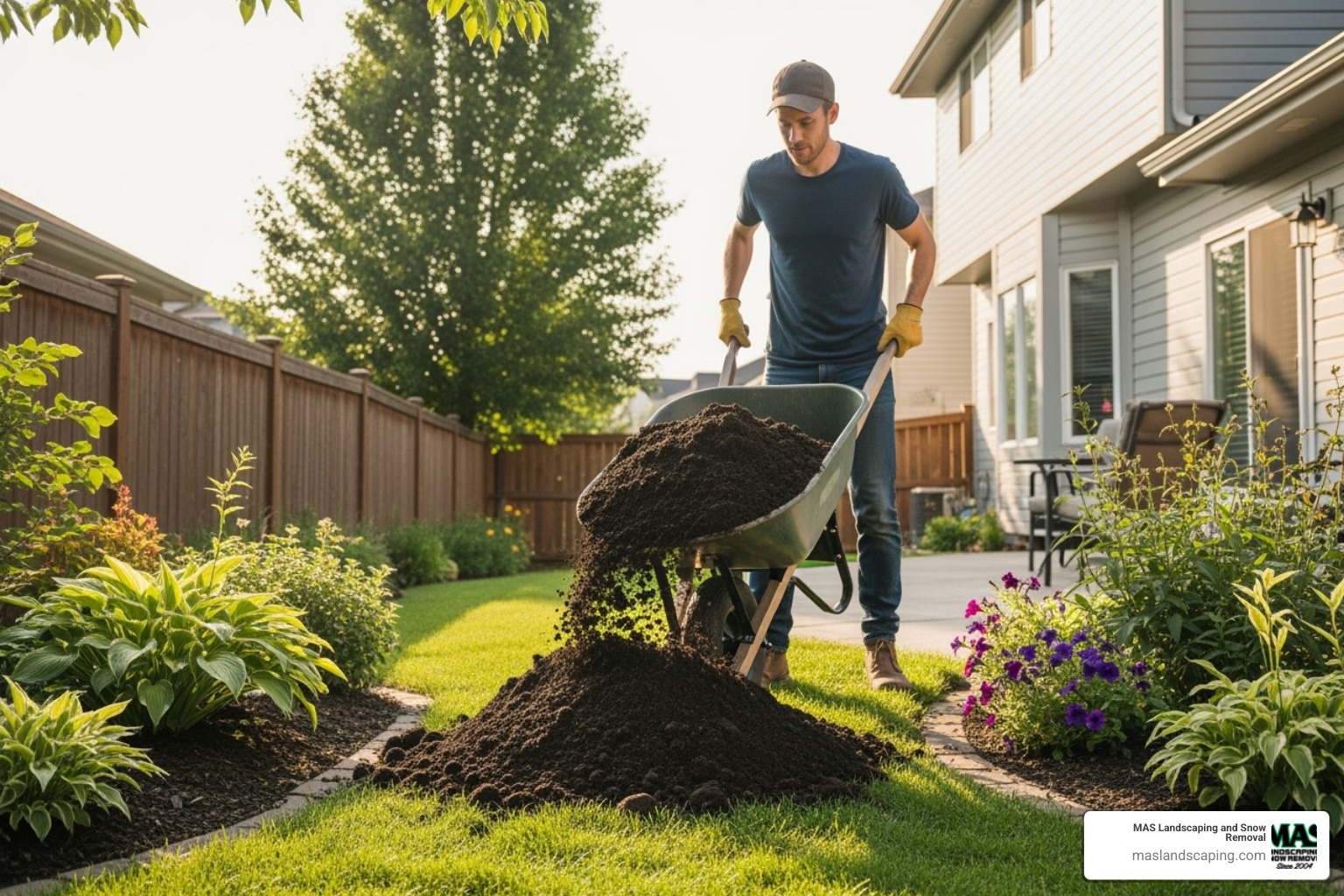 A homeowner spreading topsoil with a wheelbarrow - cost of laying a new lawn