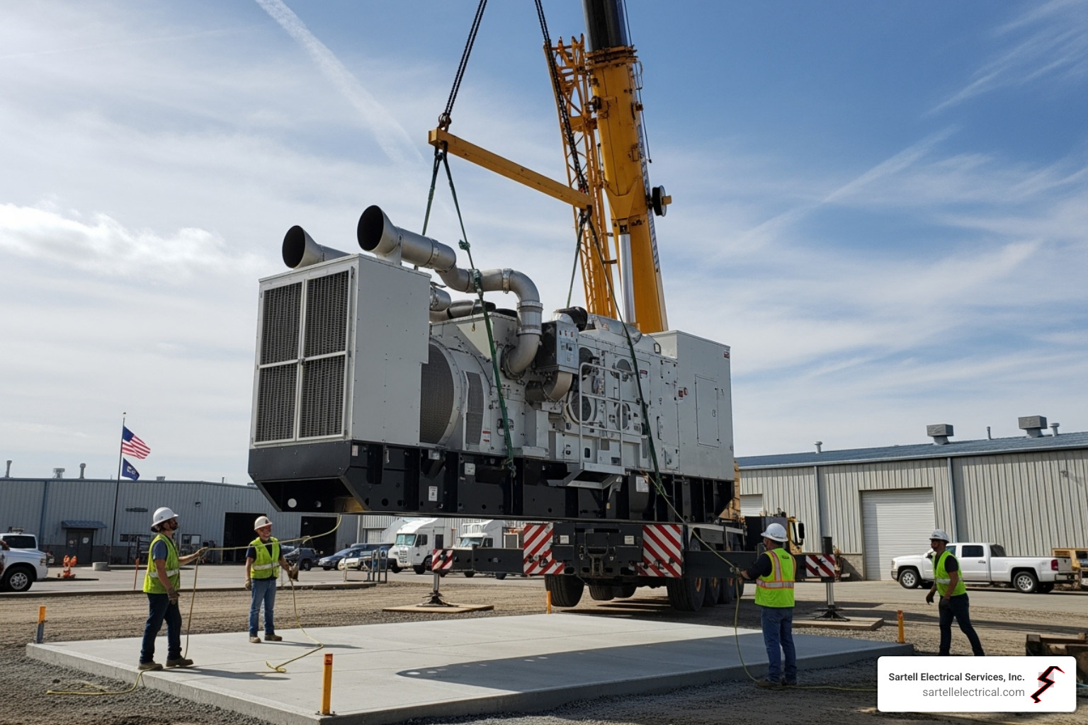 A new industrial generator being carefully lowered by a crane onto its pad at a commercial site - Industrial generator services A new industrial generator being carefully lowered by a crane onto its pad at a commercial site - Industrial generator services
