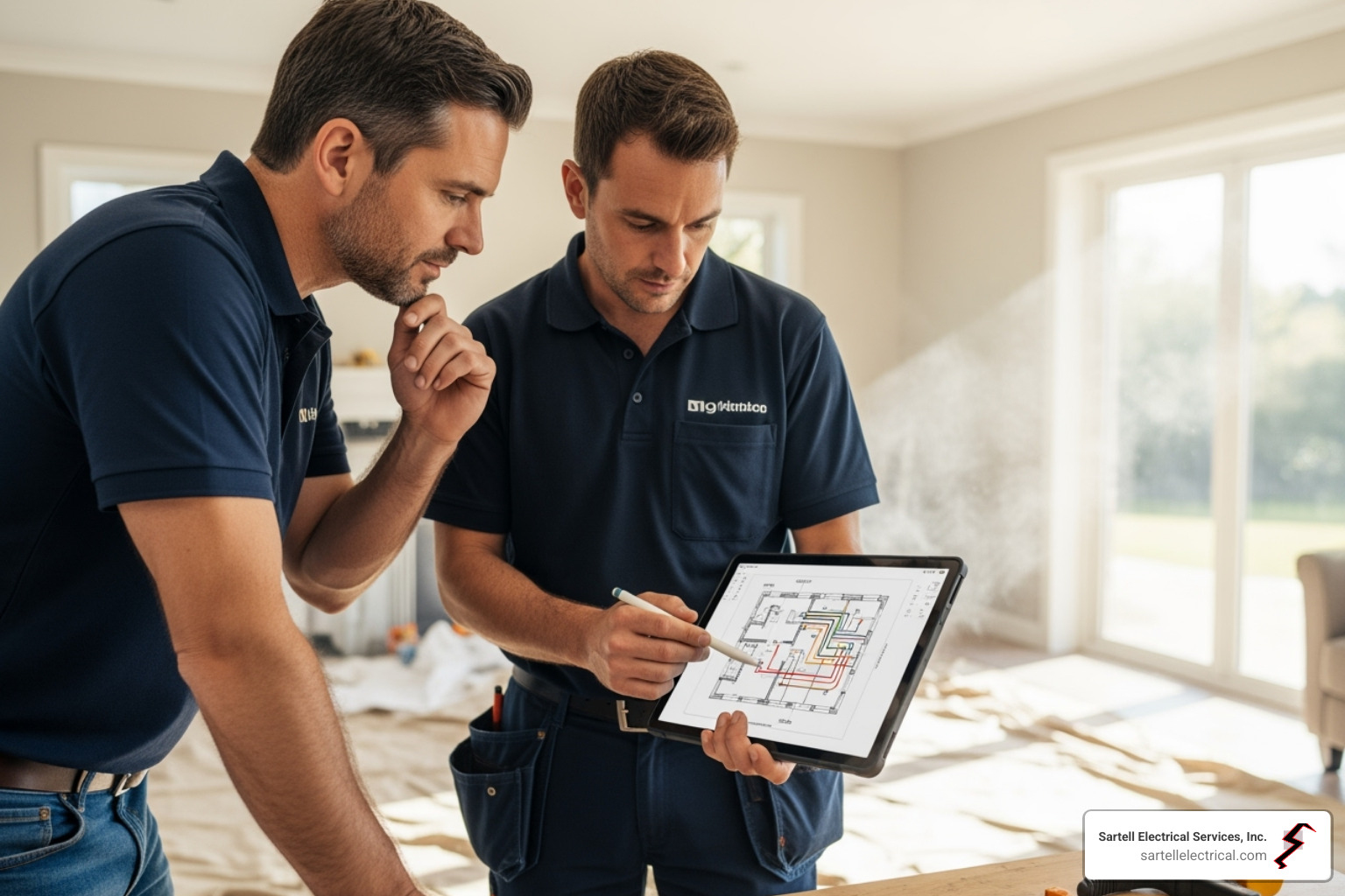 a customer and an electrician reviewing a project plan on a tablet - Professional electrical services a customer and an electrician reviewing a project plan on a tablet - Professional electrical services