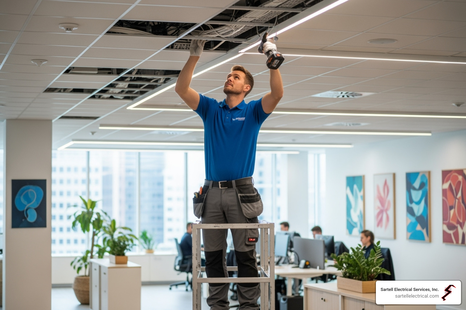 an electrician installing modern LED lighting in an office space - Professional electrical services an electrician installing modern LED lighting in an office space - Professional electrical services