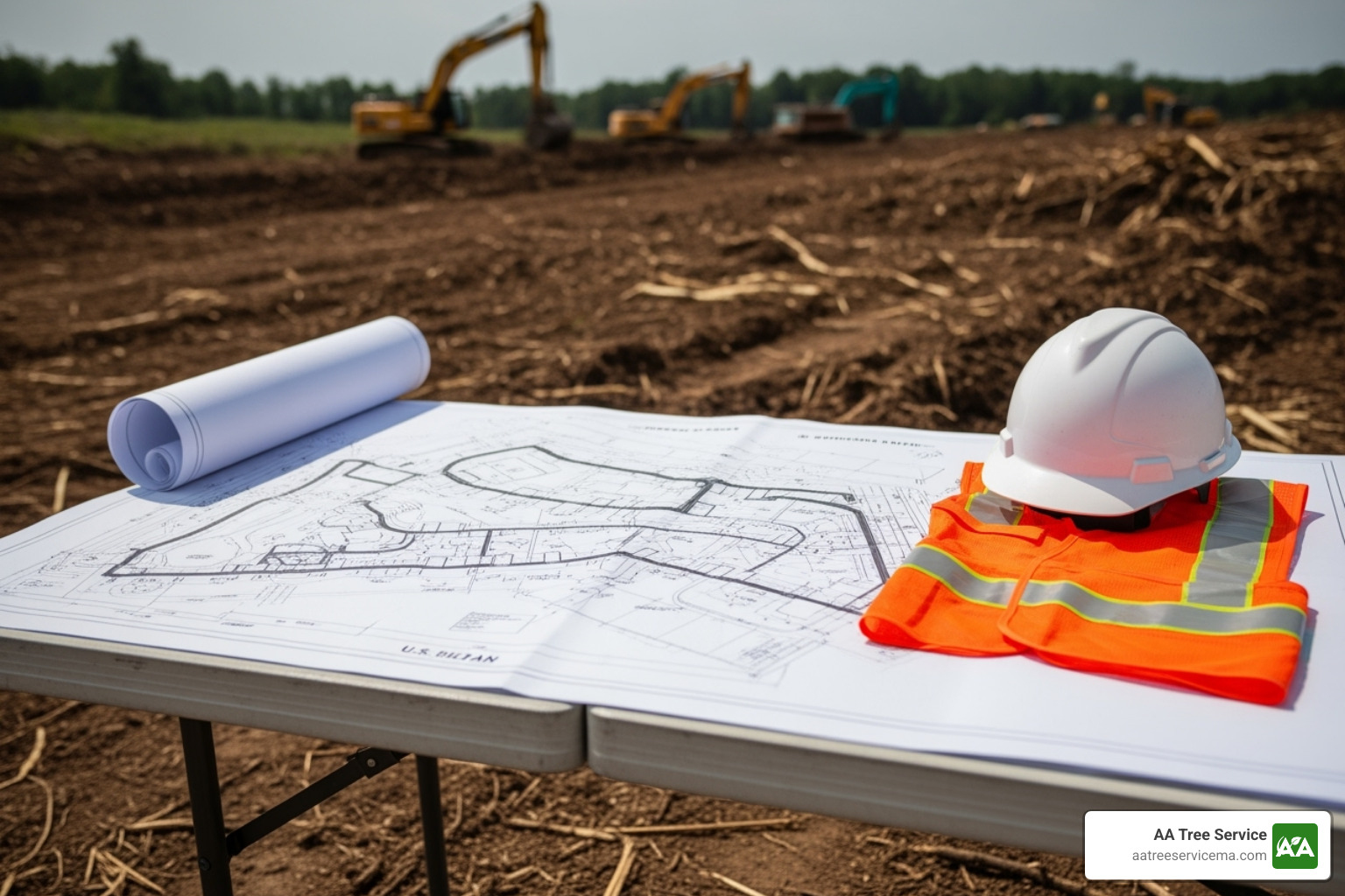 A professional crew in safety gear discussing a project plan on-site - Land clearing Wellesley MA