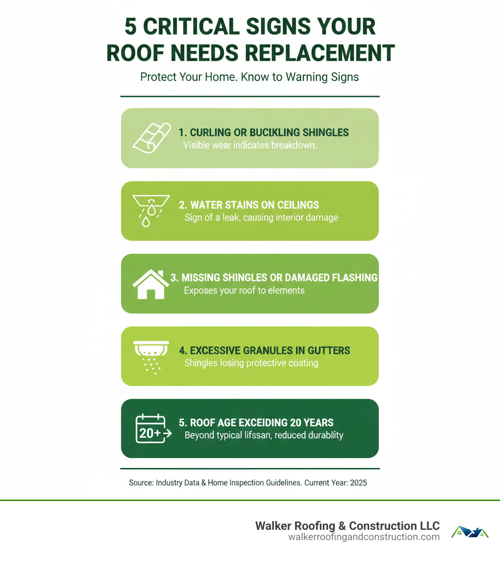 Infographic showing the 5 critical signs your roof needs replacement: 1. Curling or buckling shingles with visible wear, 2. Water stains on interior ceilings, 3. Missing shingles or damaged flashing, 4. Excessive granules collecting in gutters, 5. Roof age exceeding 20 years. Each sign includes a simple icon and brief explanation of why it matters. - new roof infographic Infographic showing the 5 critical signs your roof needs replacement: 1. Curling or buckling shingles with visible wear, 2. Water stains on interior ceilings, 3. Missing shingles or damaged flashing, 4. Excessive granules collecting in gutters, 5. Roof age exceeding 20 years. Each sign includes a simple icon and brief explanation of why it matters. - new roof infographic