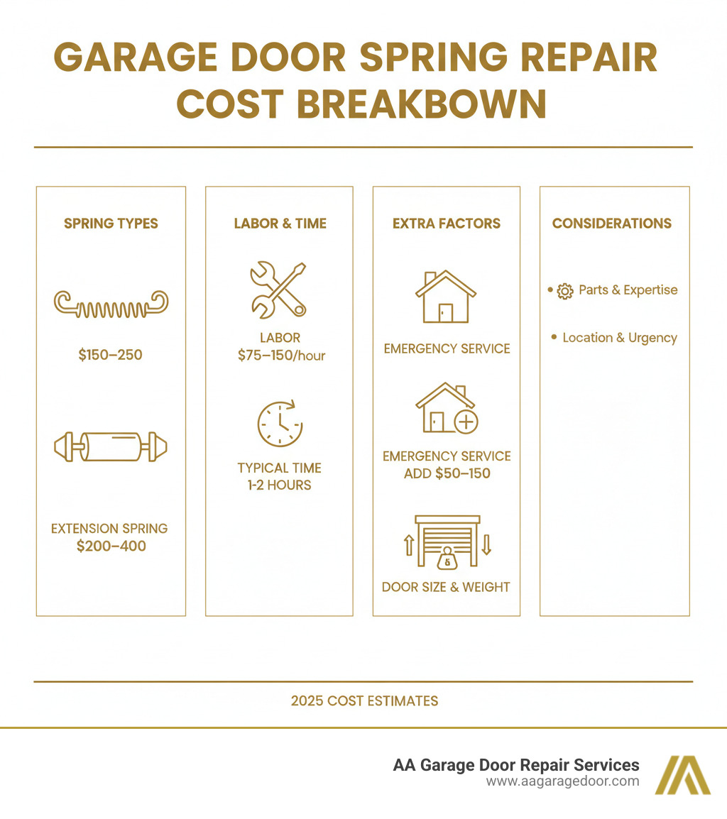 Infographic showing broken garage door spring repair cost breakdown: Extension springs $150-$250, Torsion springs $200-$400, Labor $75-$150/hour, Emergency service adds $50-$150, typical repair time 1-2 hours, with icons showing spring types, tools, and cost factors like door size and weight - broken garage door spring repair cost infographic 
