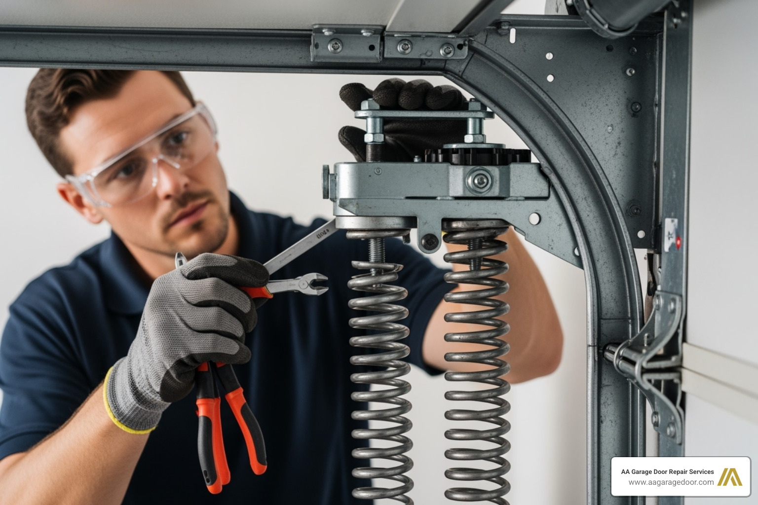 A professional garage door technician meticulously inspecting the complex spring mechanism of a garage door, emphasizing the specialized expertise required for safe and effective maintenance. - garage door maintenance