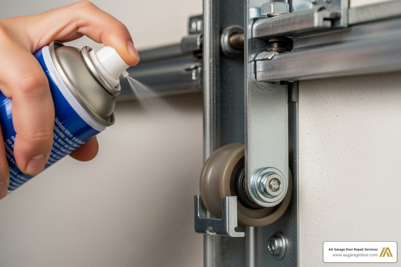 A close-up image showing a hand applying a spray lubricant to a garage door roller and its track, highlighting the precise application needed for effective maintenance. - garage door maintenance