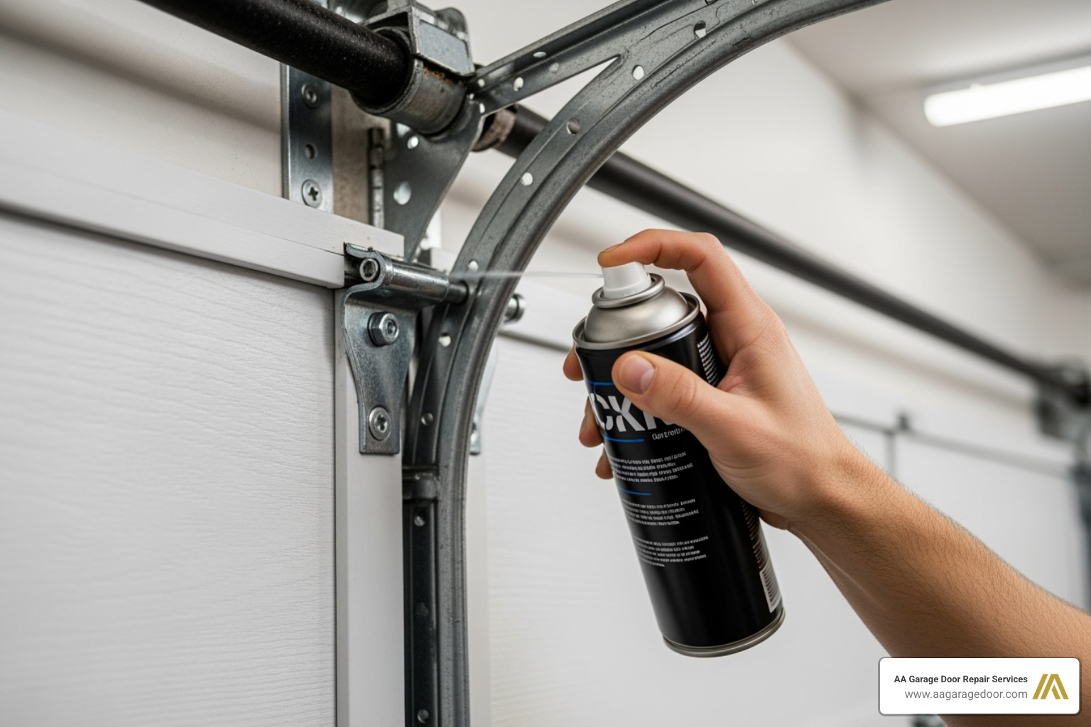 A homeowner carefully applying lubricant to the hinges of a garage door, demonstrating a key step in DIY maintenance. - garage door maintenance