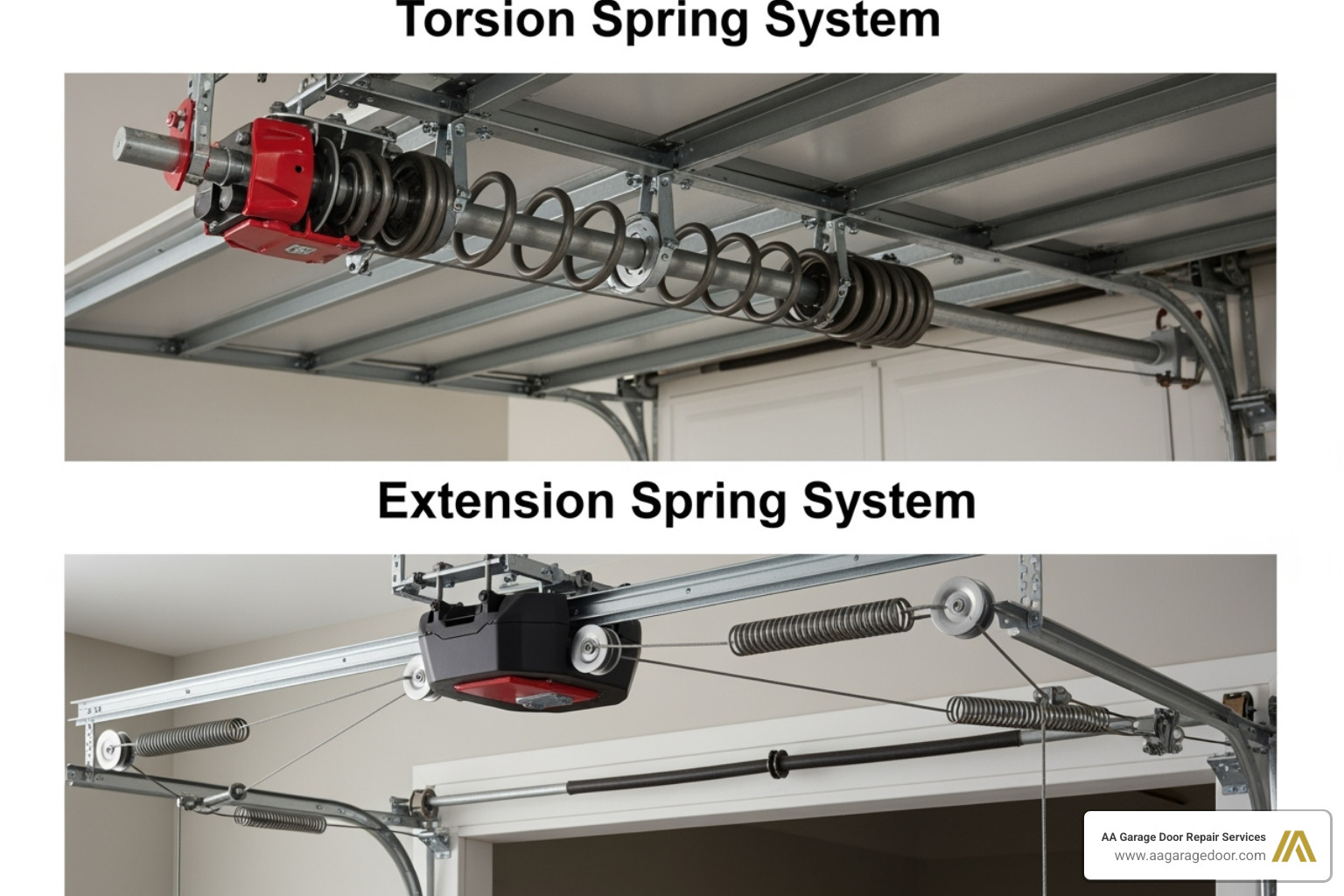 Image showing a clear comparison of a torsion spring system above a garage door and an extension spring system on the side - broken garage door spring repair cost
