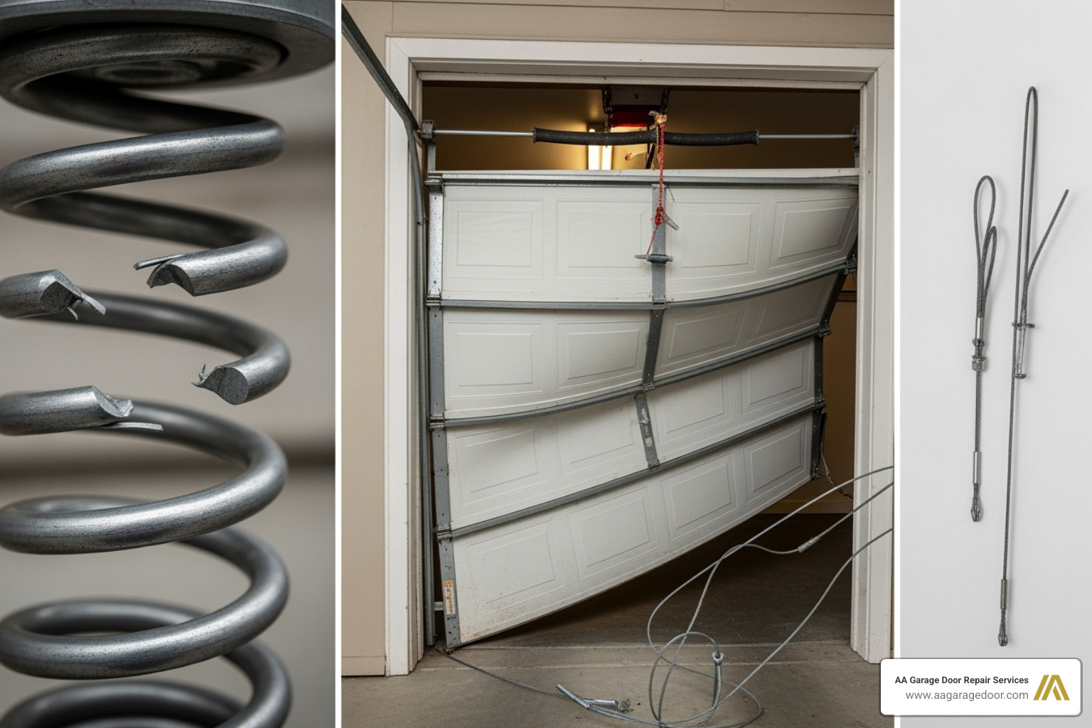 Image gallery showing a visible gap in a torsion spring, a crooked garage door, and loose, dangling cables - broken garage door spring repair cost
