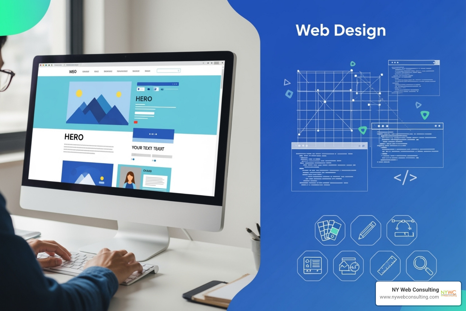A designer's screen showing a wireframe evolving into a full, vibrant website design - web design services