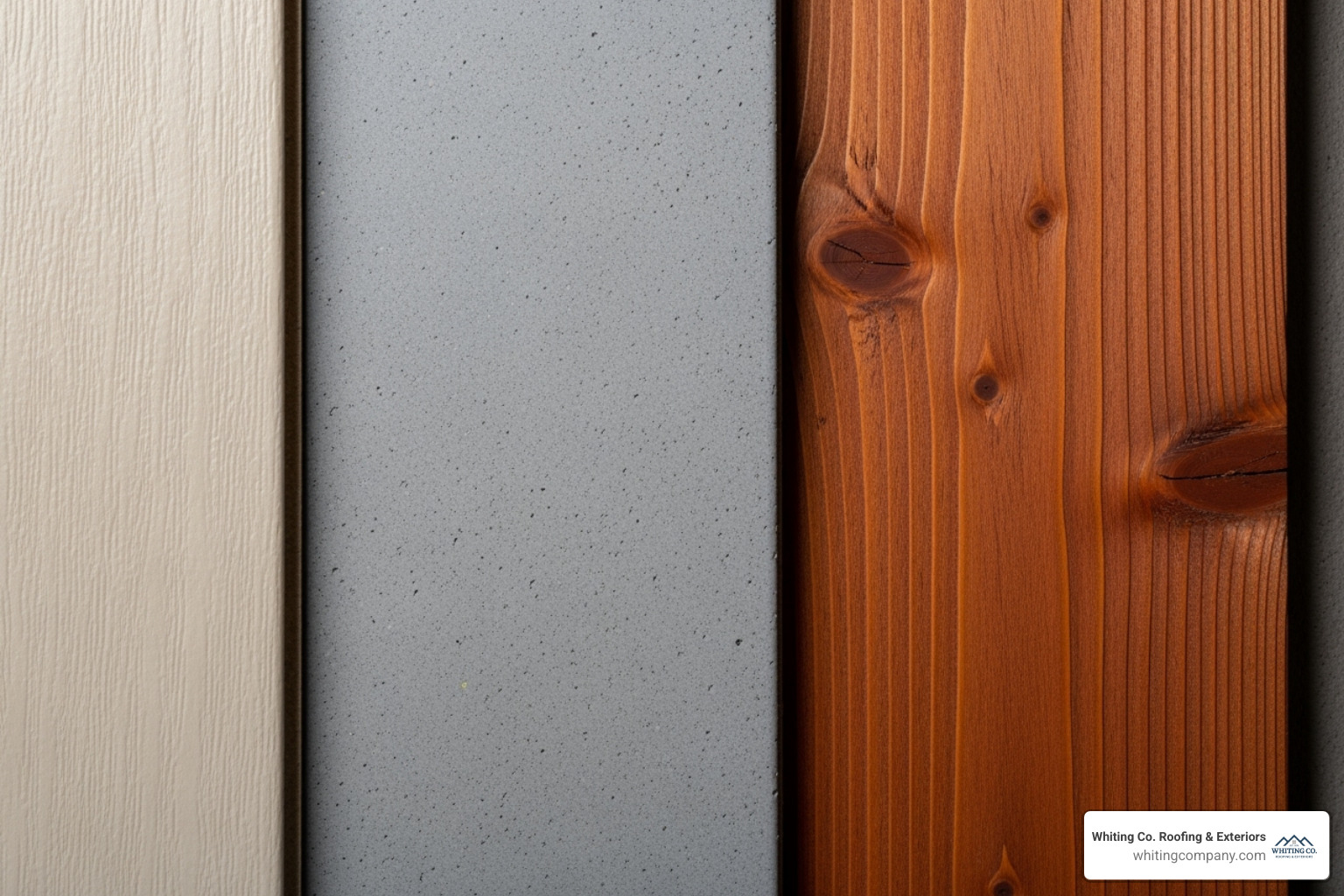 different siding material samples (vinyl, fiber cement, wood) - Siding installation Columbia