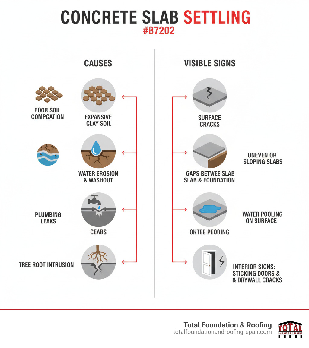 Infographic showing the main causes of concrete slab settling on the left side including poor soil compaction, expansive clay soil shrinking and swelling, water erosion and washout, plumbing leaks, and tree root intrusion, with arrows pointing to the right side showing visible signs including surface cracks, uneven or sloping slabs, gaps between slab and foundation, water pooling on surface, and interior signs like sticking doors and drywall cracks - concrete slab settling infographic 