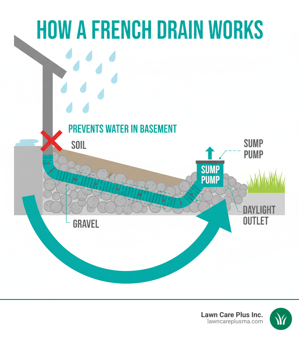 Infographic showing how a French drain system works: water flows through soil into a gravel-filled trench, enters a perforated pipe through holes, travels along the sloped pipe away from the foundation, and exits to a discharge point like a sump pump or daylight outlet, preventing water from reaching basement walls - basement french drain pipe infographic 