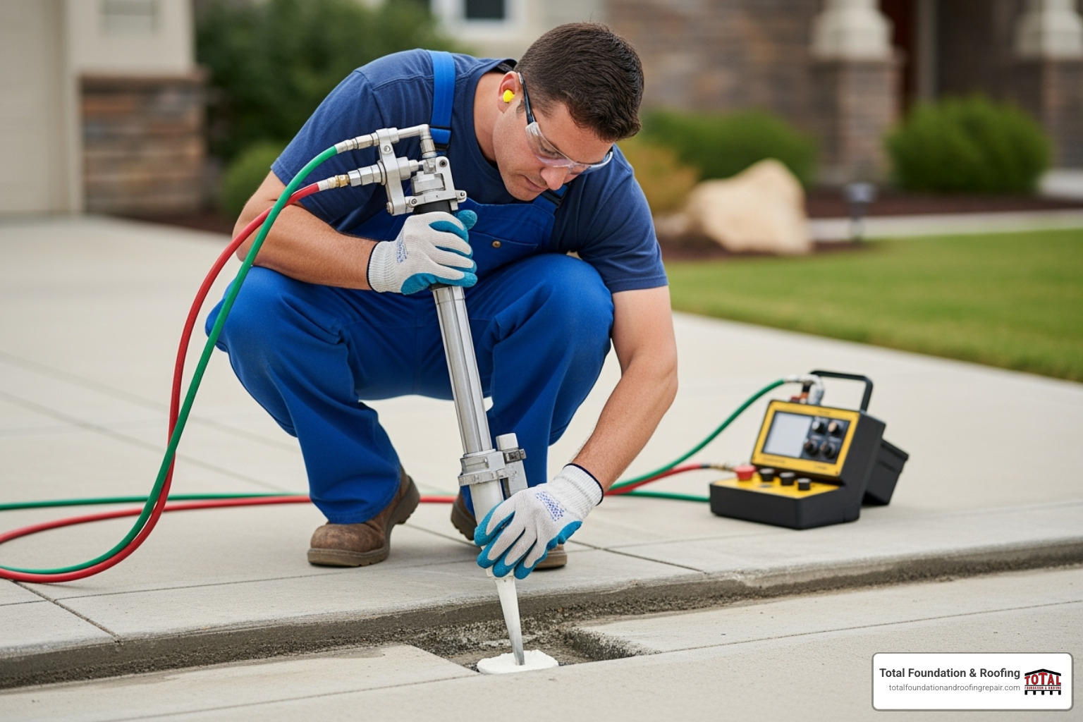 technician performing concrete leveling - concrete settling solutions technician performing concrete leveling - concrete settling solutions