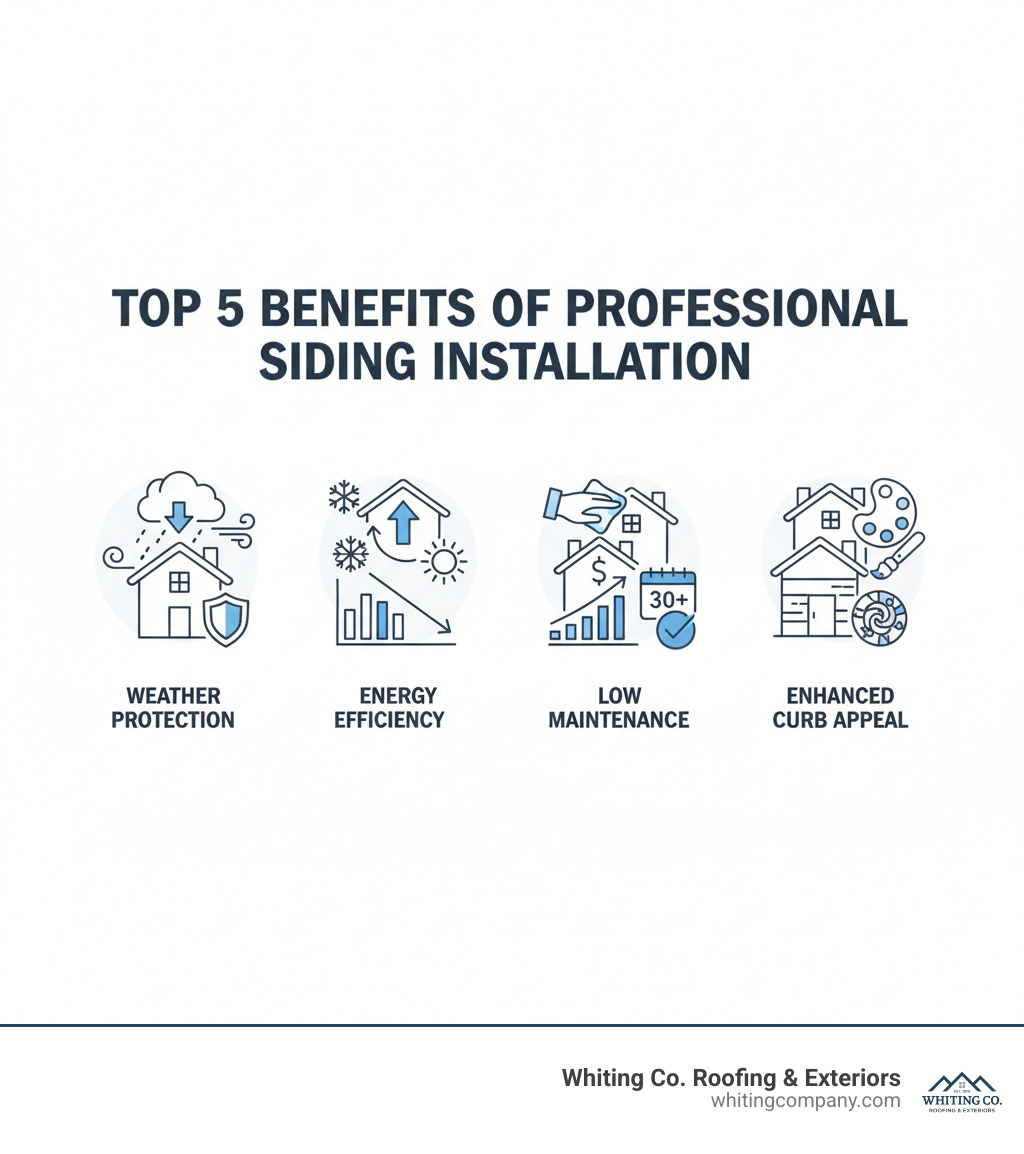 Infographic showing the top 5 benefits of professional siding installation: 1. Weather Protection - shields home from rain, wind, and temperature extremes; 2. Energy Efficiency - reduces heating and cooling costs by up to 20%; 3. Increased Home Value - boosts property value by thousands of dollars; 4. Low Maintenance - modern materials require minimal upkeep for decades; 5. Enhanced Curb Appeal - transforms home exterior with wide range of colors and styles - Siding installation Columbia infographic 