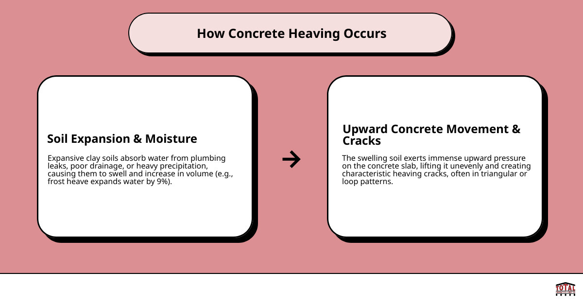 infographic showing how soil expansion causes concrete heaving with arrows indicating upward pressure beneath a cracked concrete slab, including moisture sources like plumbing leaks and rain, clay soil swelling, and resulting crack patterns - heaving concrete cracks infographic