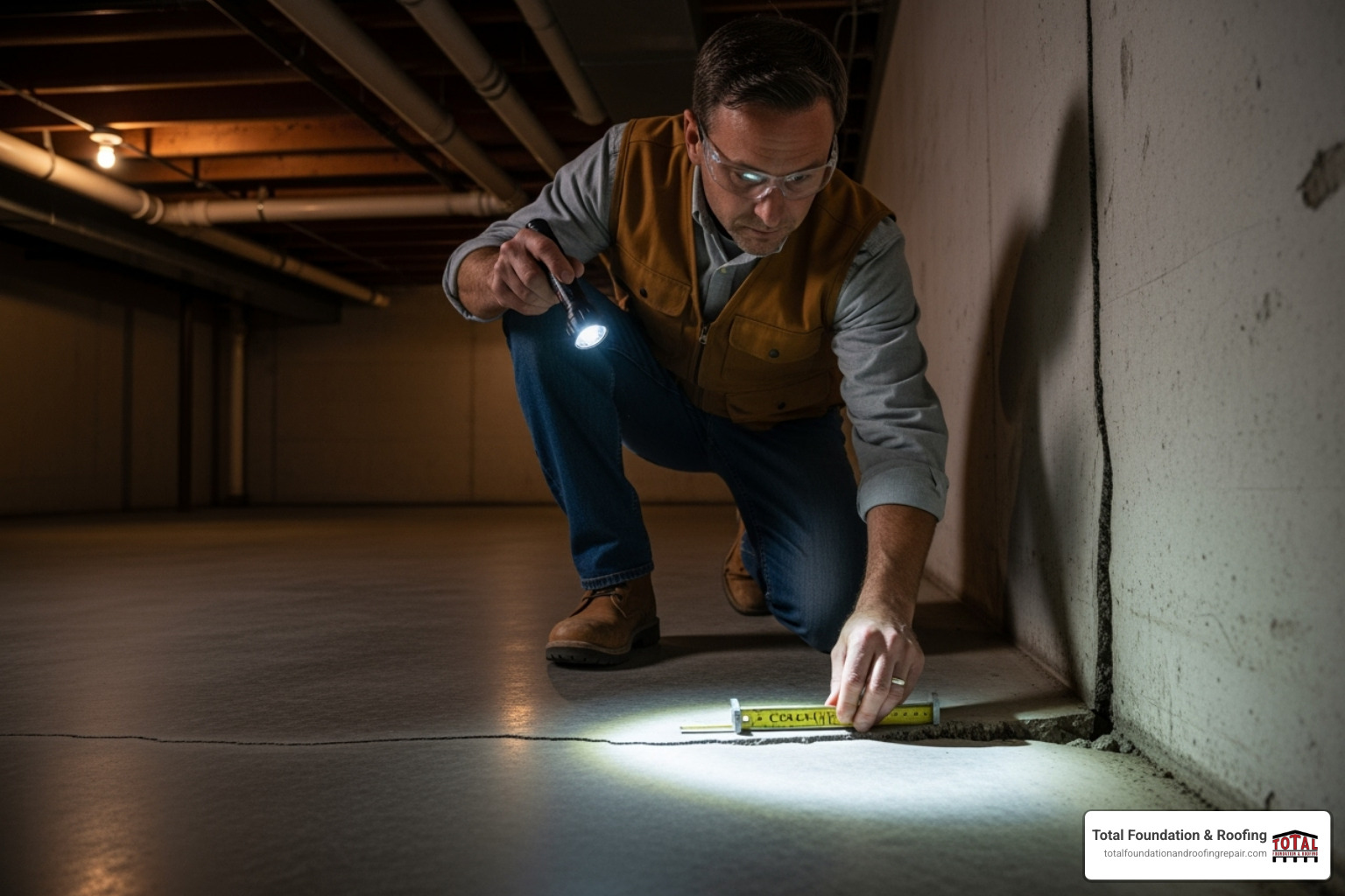 professional inspecting heaving concrete cracks in a basement - heaving concrete cracks