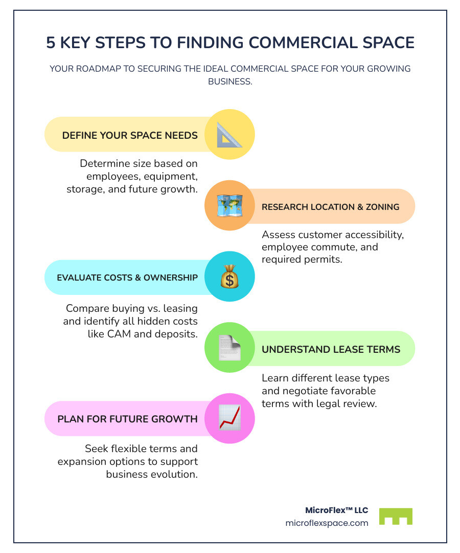 Infographic showing the 5 key steps to finding commercial space: 1) Define your space and feature needs including size, layout, and amenities, 2) Research location, zoning laws, and required permits for your business type, 3) Compare buying vs leasing and identify all hidden costs like CAM charges and deposits, 4) Understand lease types and negotiate favorable terms with legal review, 5) Plan for business growth with flexible terms and expansion options - commercial space for small business infographic infographic-line-5-steps-colors Infographic showing the 5 key steps to finding commercial space: 1) Define your space and feature needs including size, layout, and amenities, 2) Research location, zoning laws, and required permits for your business type, 3) Compare buying vs leasing and identify all hidden costs like CAM charges and deposits, 4) Understand lease types and negotiate favorable terms with legal review, 5) Plan for business growth with flexible terms and expansion options - commercial space for small business infographic infographic-line-5-steps-colors