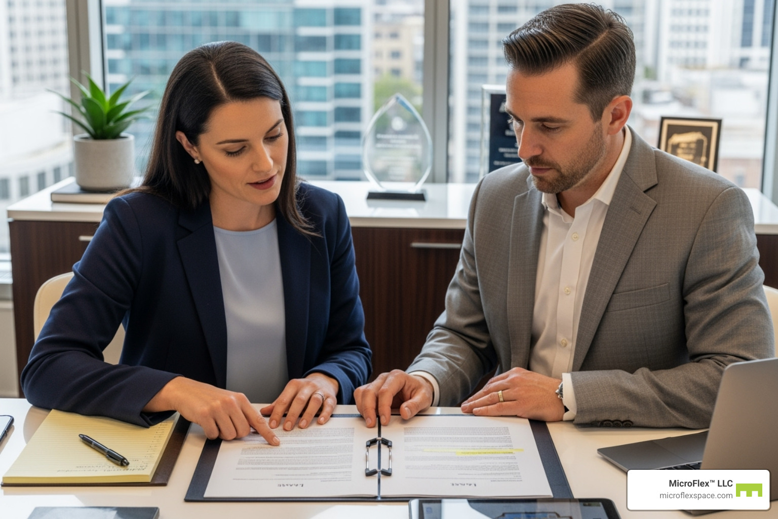 small business owner reviewing a lease document with a broker - commercial space for small business small business owner reviewing a lease document with a broker - commercial space for small business