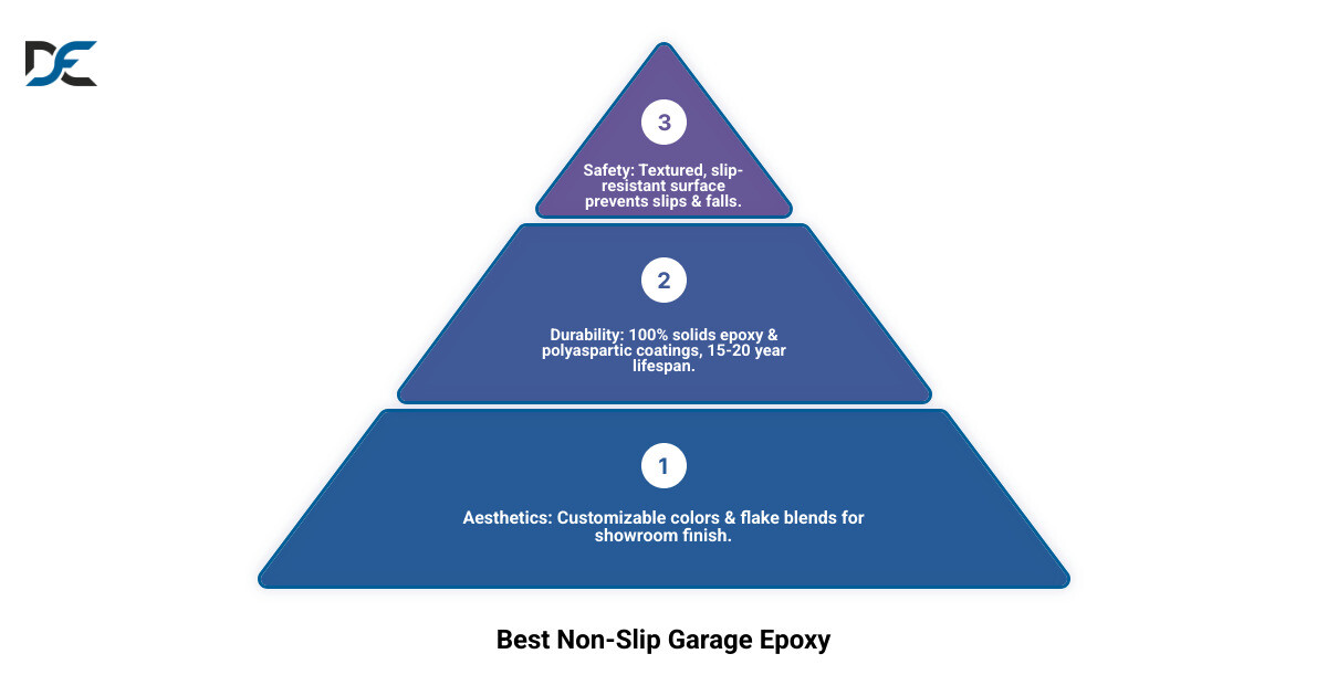 Infographic showing the three pillars of the best non-slip garage floor epoxy: Safety through textured, slip-resistant surfaces; Durability from 100% solids epoxy and polyaspartic coatings lasting 15-20 years; and Aesthetics with customizable colors and flake blends for a showroom-quality finish - best non slip garage floor epoxy infographic 3_stage_pyramid