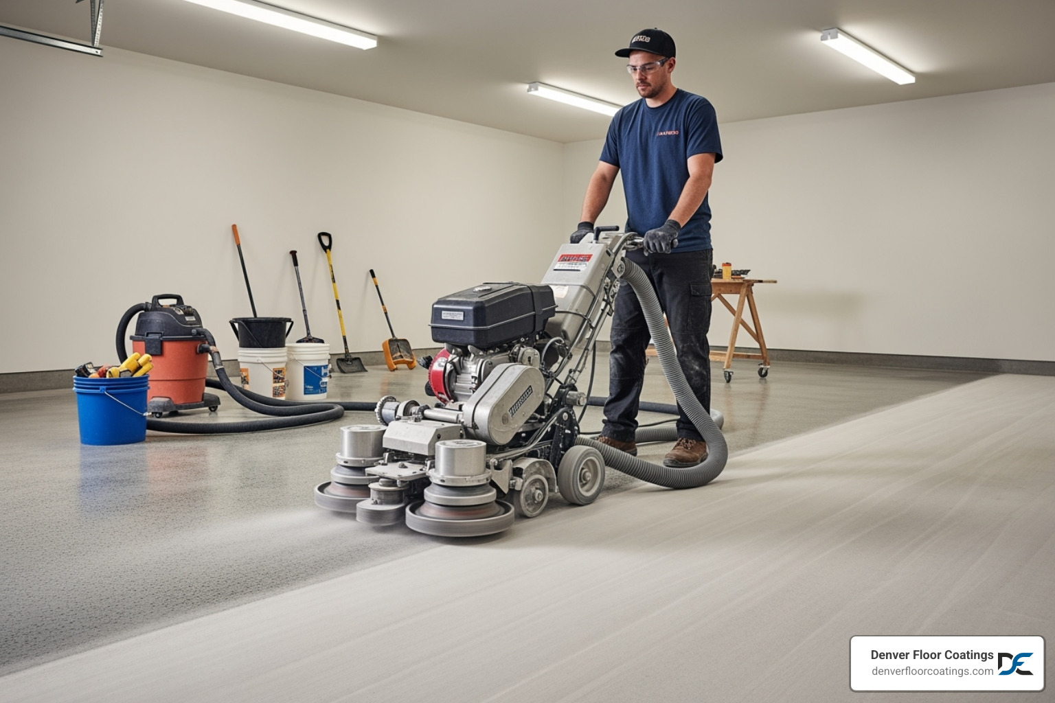 A professional installer uses a large floor grinder to prepare a concrete garage floor, creating a smooth, clean surface ready for epoxy coating. - best non slip garage floor epoxy
