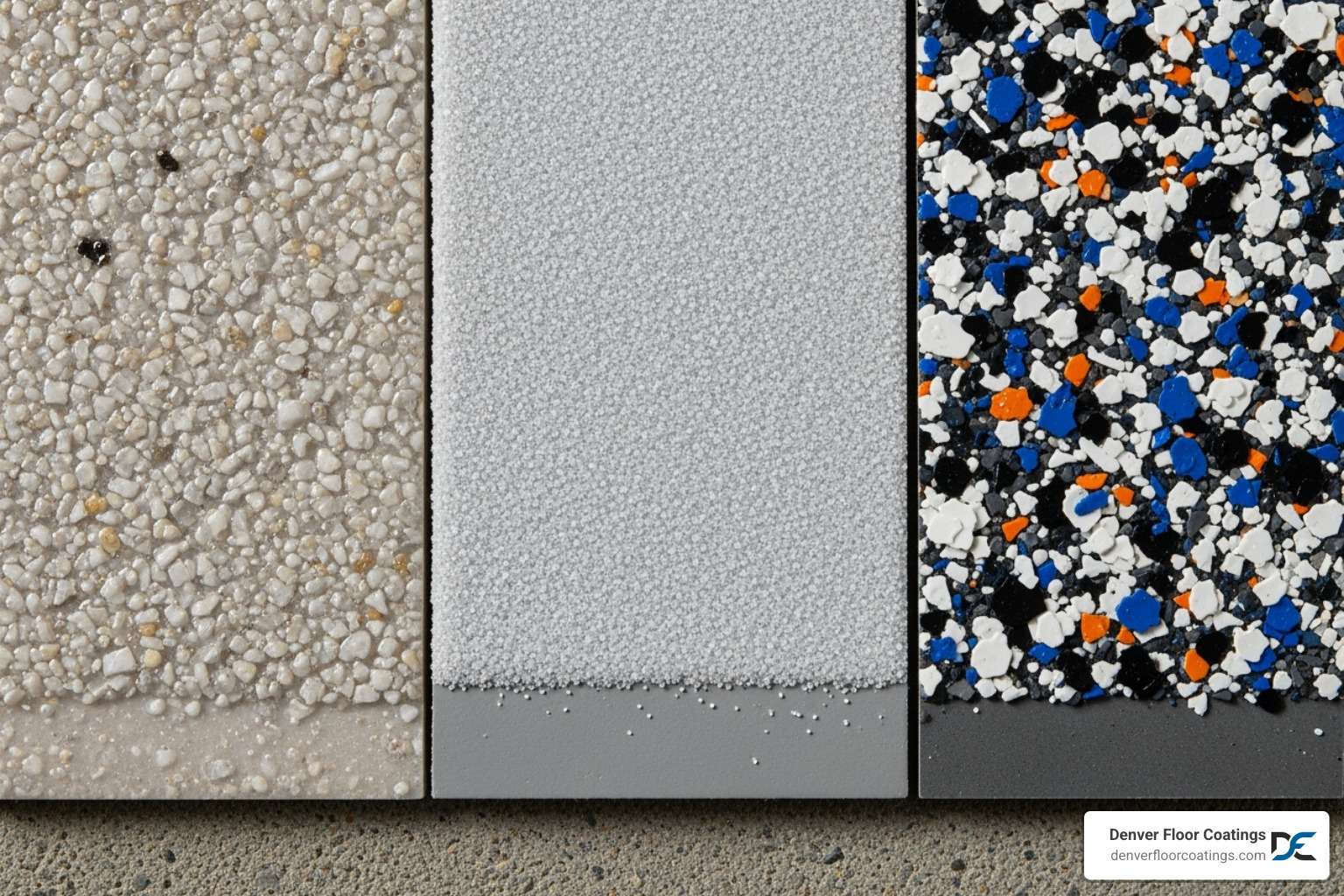 An image showcasing various non-slip garage floor coating options, including close-ups of quartz aggregate, polymer grit, and different colored decorative vinyl flakes, highlighting the texture and aesthetic choices. - best non slip garage floor epoxy
