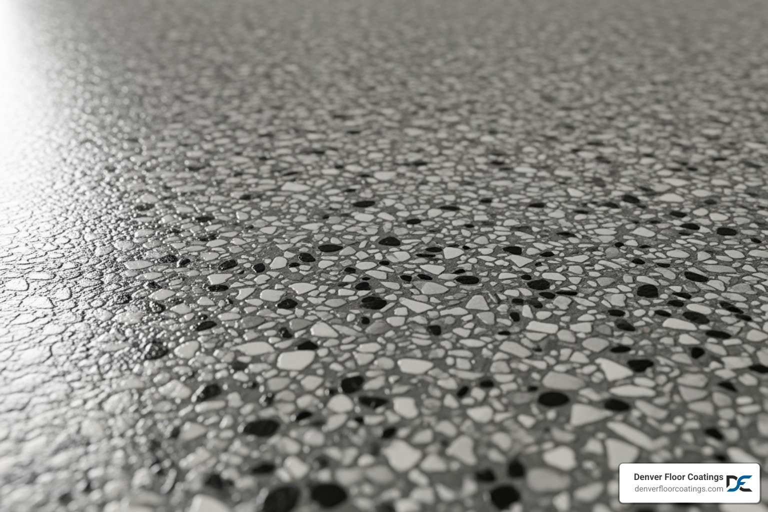 A close-up image of a non-slip epoxy garage floor, clearly showing the textured surface created by decorative flakes embedded in the coating, highlighting the grip factor. - best non slip garage floor epoxy