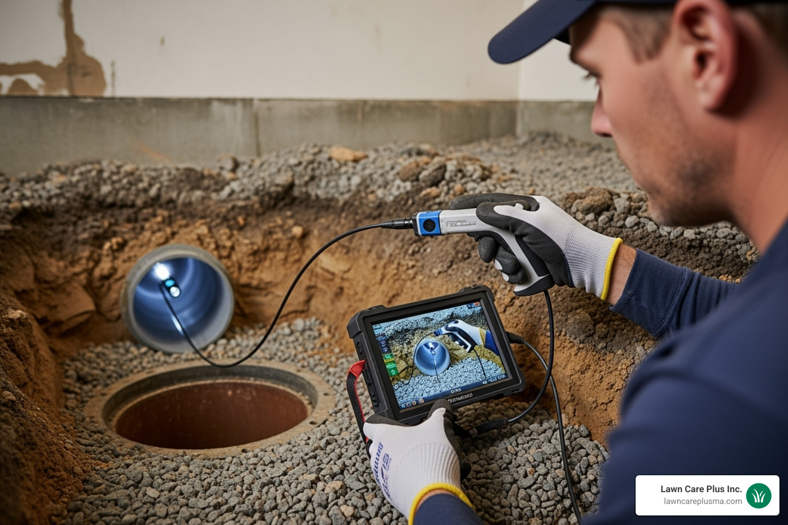 Image of a professional inspecting a French drain cleanout port with a camera, ensuring the pipe is clear of debris and functioning correctly. - basement french drain pipe