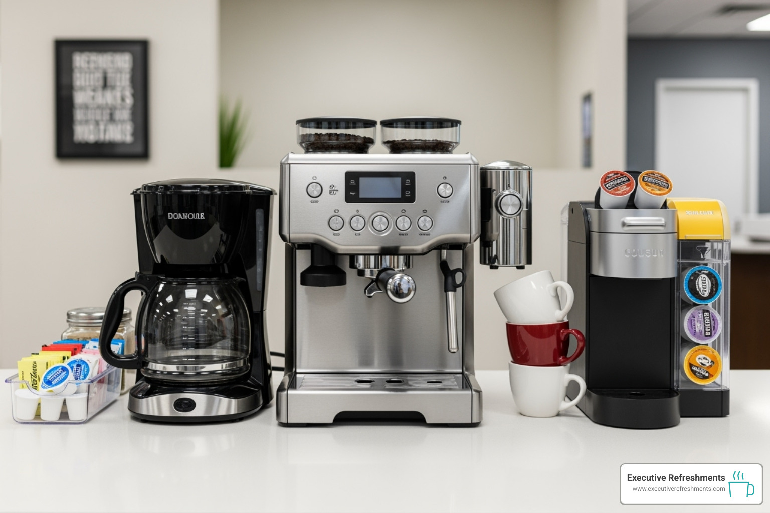image showing a traditional brewer, a bean-to-cup machine, and a single-serve pod machine side-by-side - office coffee service image showing a traditional brewer, a bean-to-cup machine, and a single-serve pod machine side-by-side - office coffee service