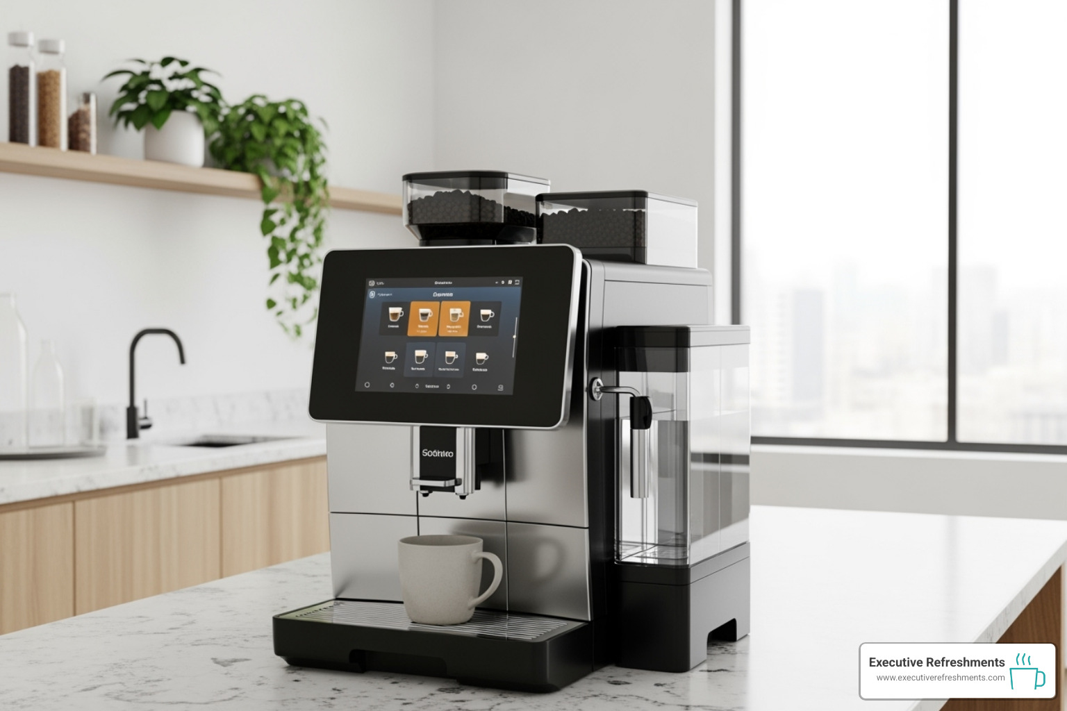 image of a sleek, modern bean-to-cup machine with a large touchscreen - office coffee service image of a sleek, modern bean-to-cup machine with a large touchscreen - office coffee service