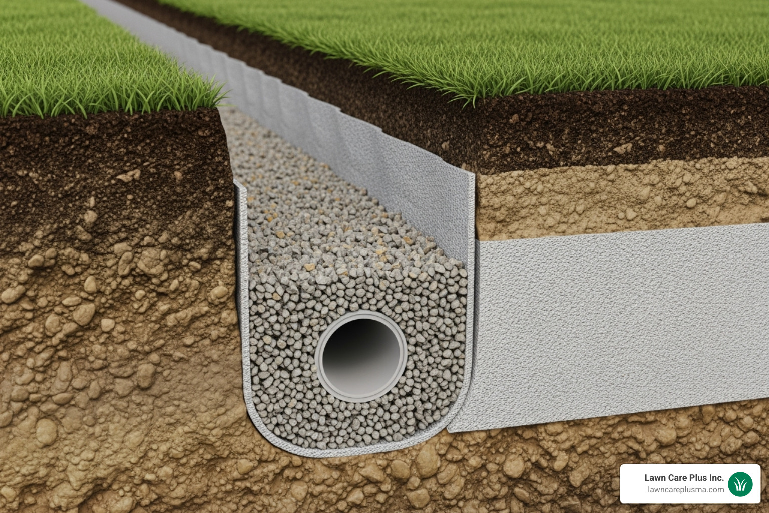 Image showing the layers of a French drain: trench, filter fabric lining the trench, a bed of gravel, the perforated pipe laid on the gravel, more gravel covering the pipe, the filter fabric wrapped over the gravel, and finally, backfilled with soil or landscaping stone. - basement french drain pipe