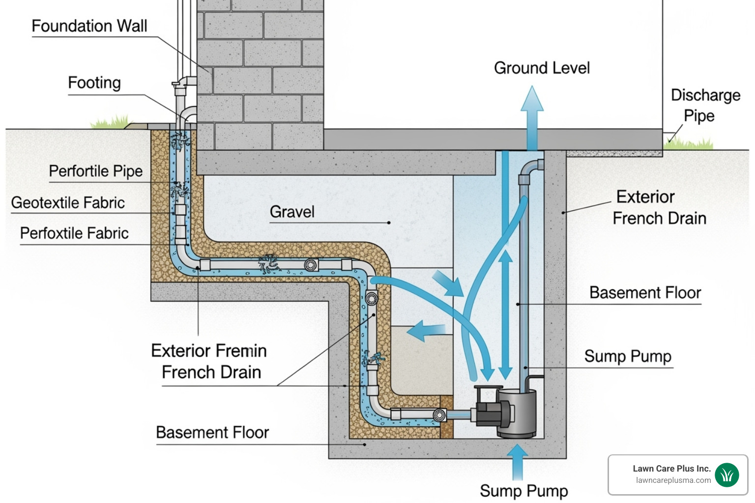 Diagram showing cross-section of a house with both exterior and interior French drains, highlighting their respective placements around the foundation footing and beneath the basement floor, connected to a sump pump for discharge. - basement french drain pipe