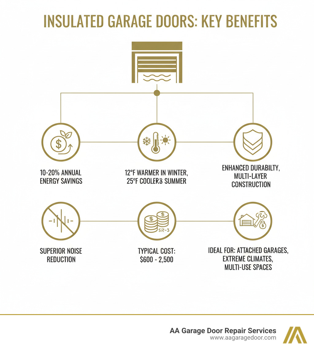 Infographic showing the key benefits of insulated garage doors: 10-20% annual energy savings, 12°F warmer in winter and 25°F cooler in summer, enhanced durability with multi-layer construction, superior noise reduction, typical cost range of $600-$2,500, and best for attached garages, extreme climates, and multi-use garage spaces - are insulated garage doors worth it infographic 