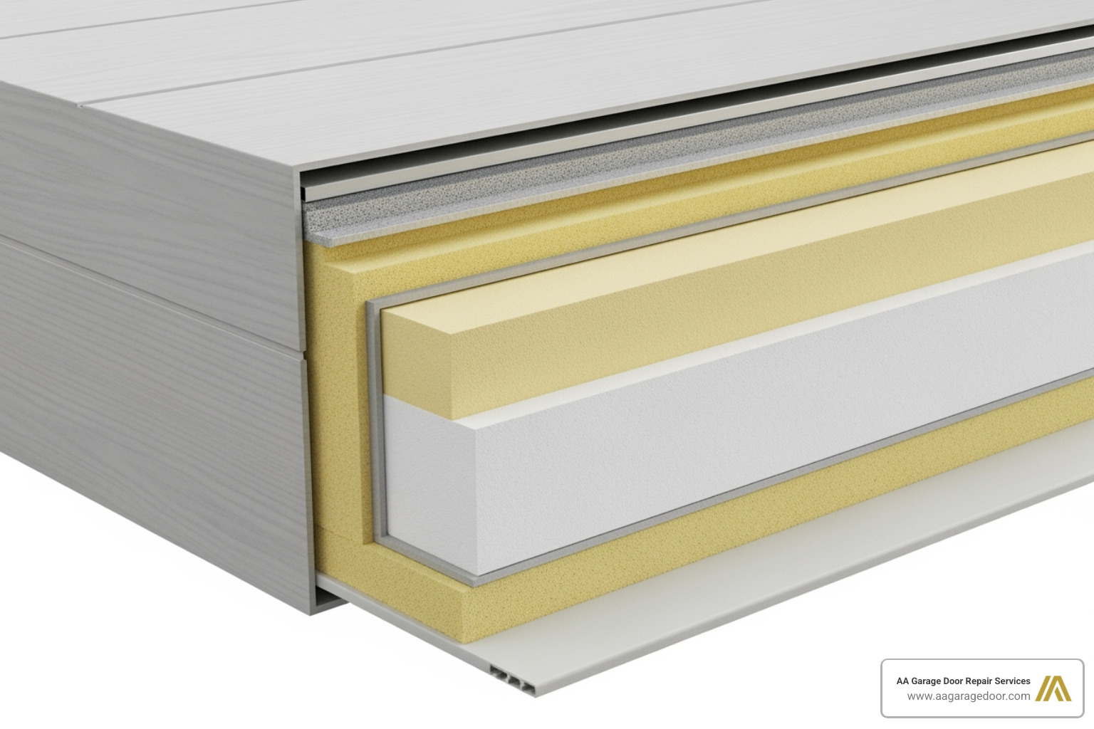 cutaway view showing the layers of an insulated garage door, highlighting the polyurethane or polystyrene core - are insulated garage doors worth it
