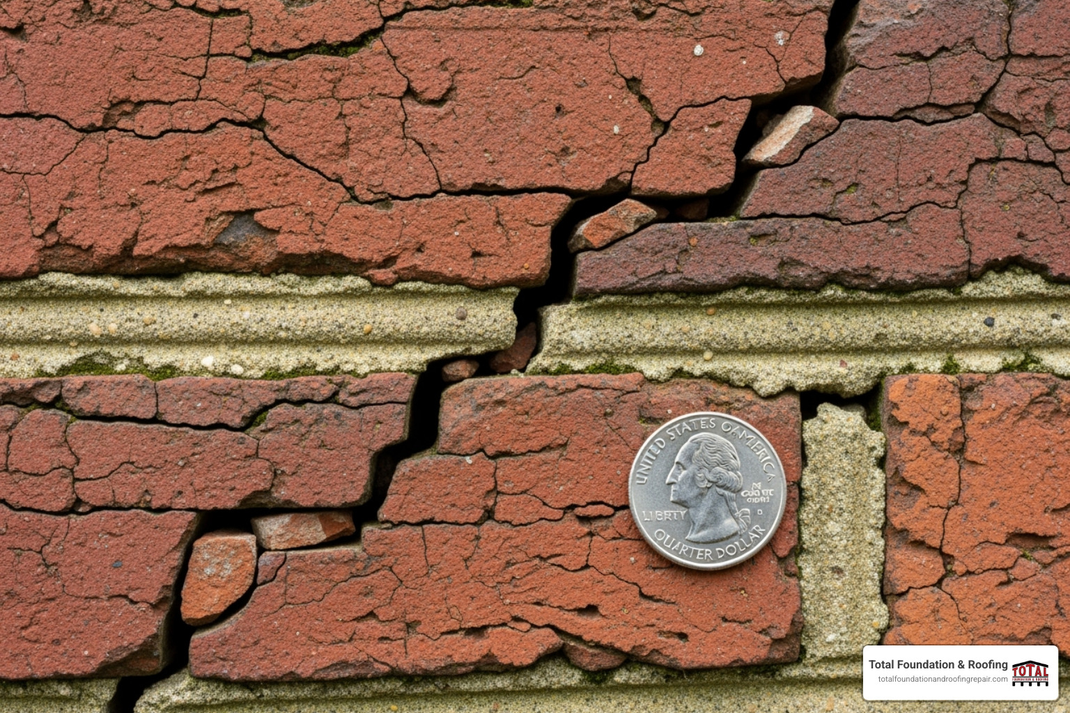 zigzag crack in a brick wall next to a quarter for scale - foundation inspection Kerrville TX zigzag crack in a brick wall next to a quarter for scale - foundation inspection Kerrville TX
