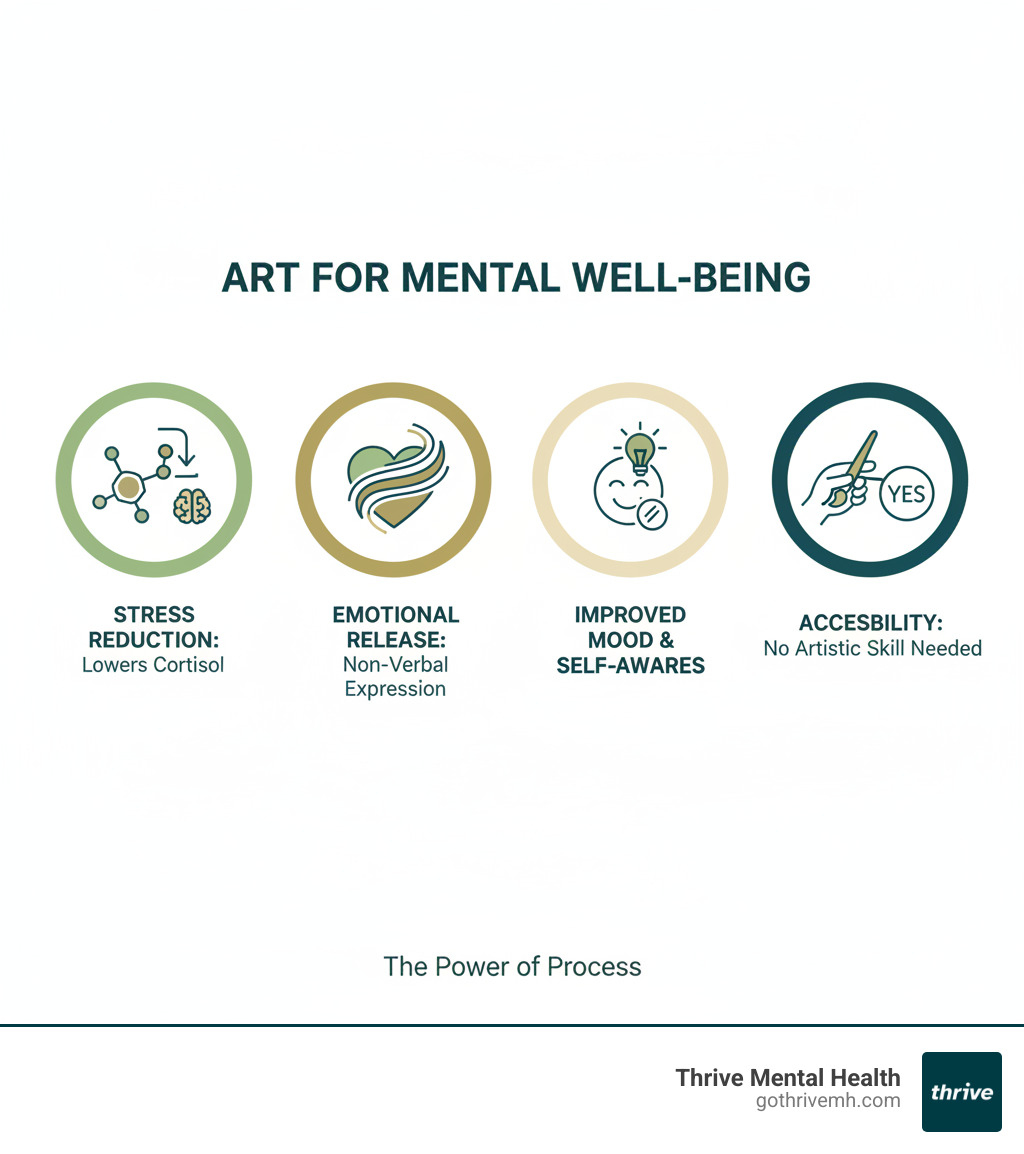 infographic showing benefits of art-making including stress reduction through lower cortisol levels, emotional release through non-verbal expression, improved mood and self-awareness, and accessibility with no artistic skill required - mental health art activity infographic 