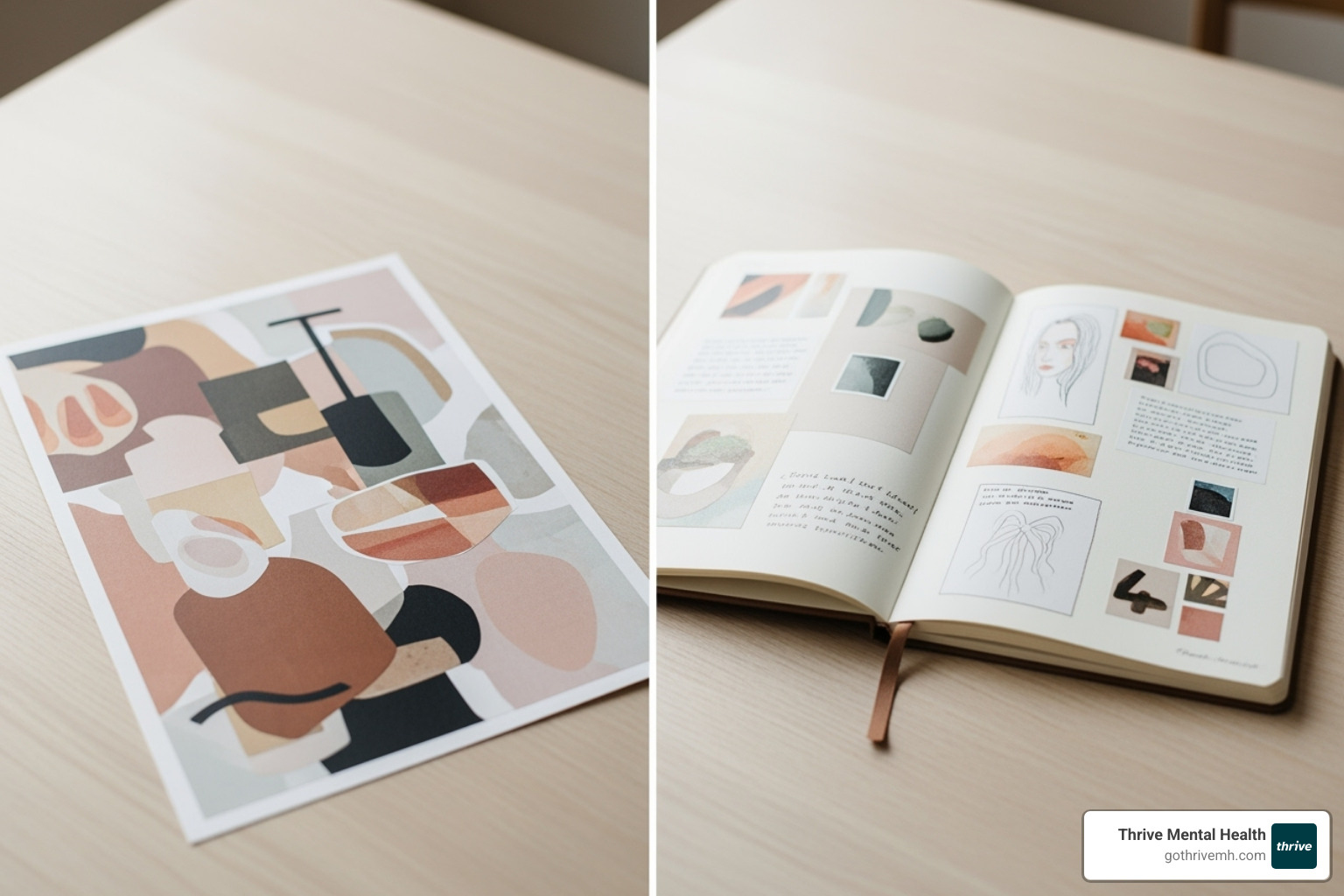 collage and a visual journal side-by-side - mental health art activity