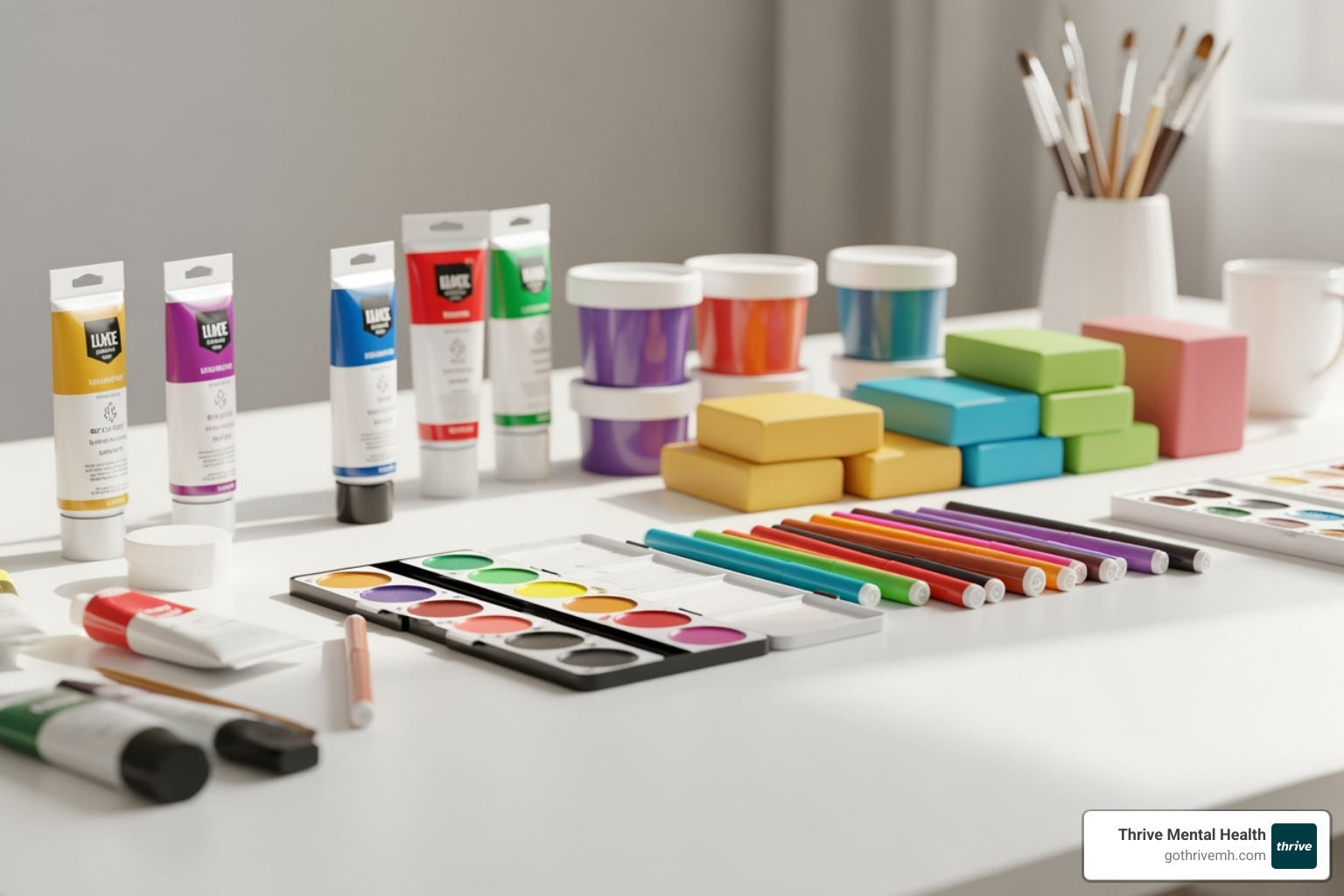 table with various art supplies like paint, clay, and markers - mental health art activity